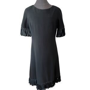 Jean Louis Black Vintage Wool Crepe Dress Fringed Trim Size 12 Medium RARE